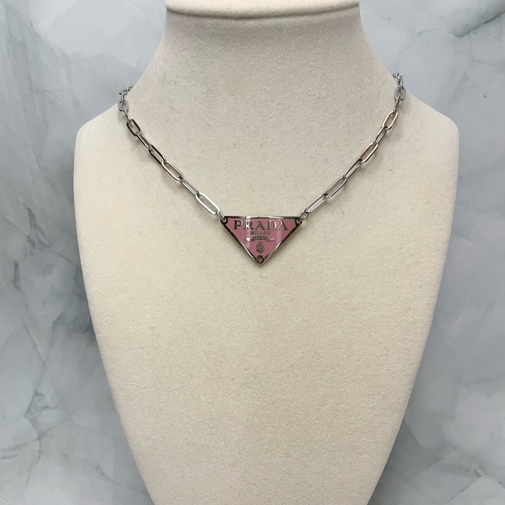 Upcycled Silver & Pink Triangle Logo Paper Clip Chain Necklace